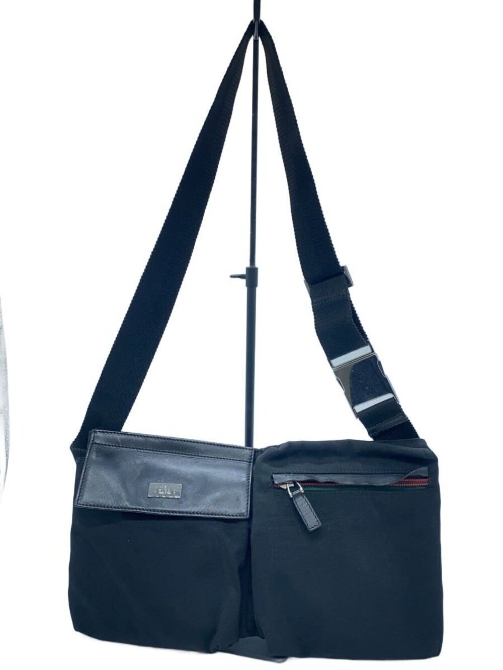 Gucci Double Pocket Belt Bag black body dual front leather flap zipped web